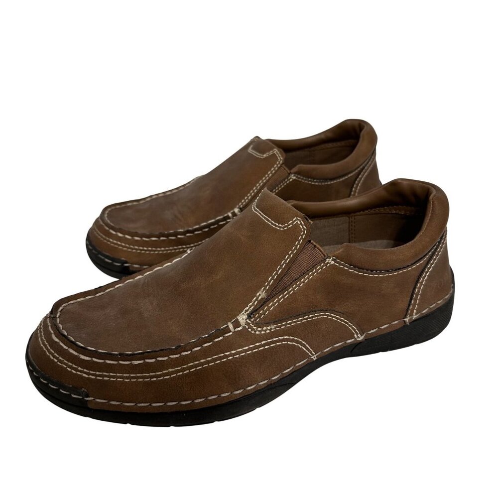 IZOD Mens Brown Leather Slip-On Loafers Contrast Stitching Rubber Sole Shoes 8M - Picture 3 of 11